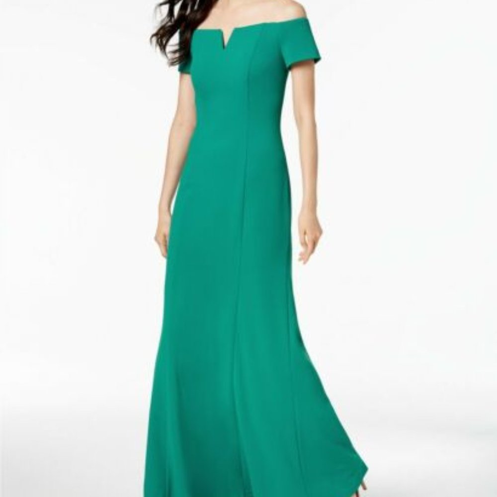 Calvin Klein Notched Off-The-Shoulder Gown Evening Dress Emerald Green, Size 6